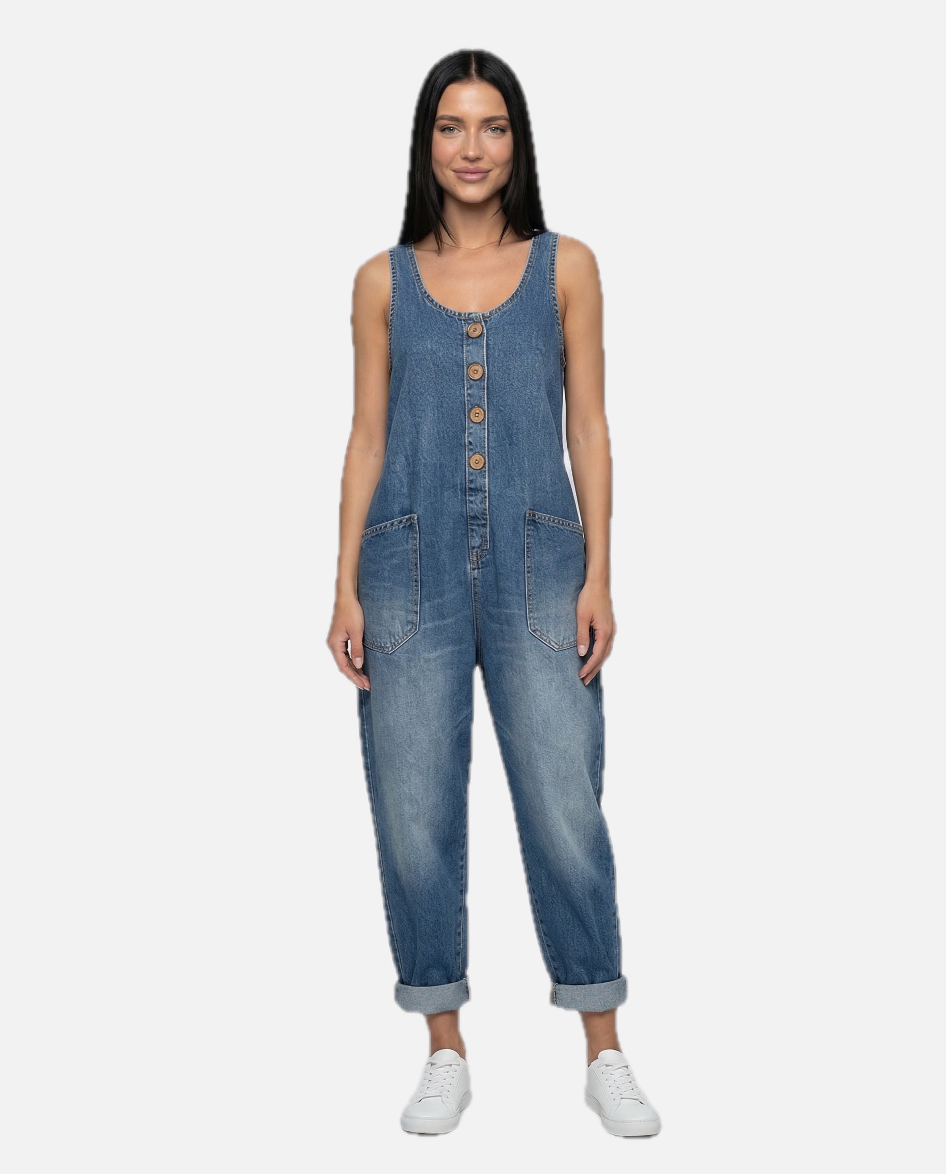 Women's Denim Jumpsuit Sleeveless with Button Front and Tapered Leg - 1