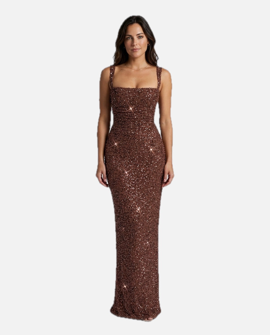 Women's Sequin Maxi Dress Sleeveless with Square Neck and Tie-Up Detail
