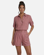 Women's Short Jumpsuit with Button-Front Collar and Rolled Sleeves