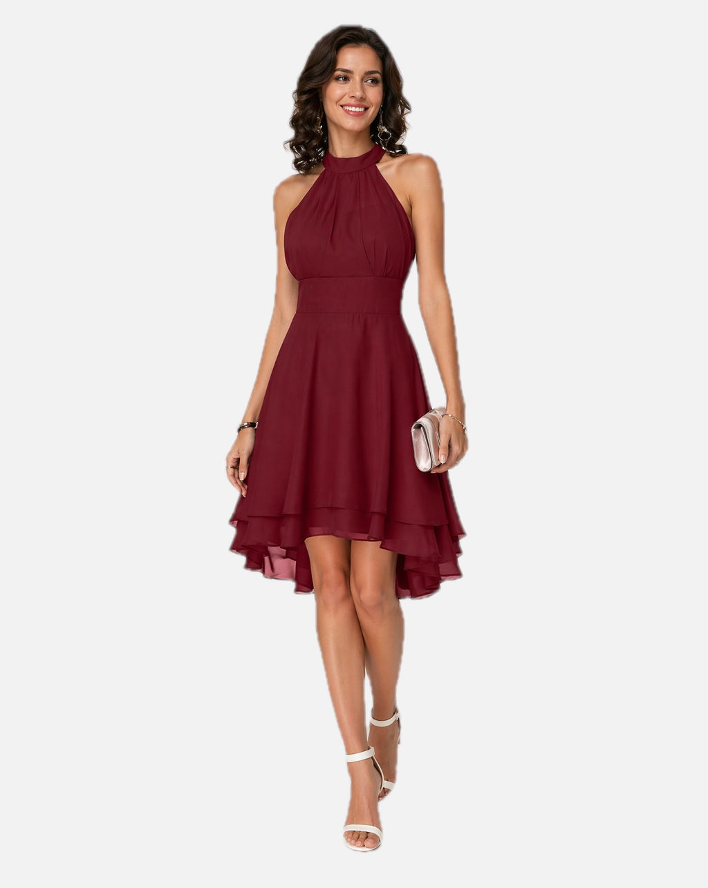 Women's Halter Dress Sleeveless with Ruffle Hem and Flared Skirt - 1