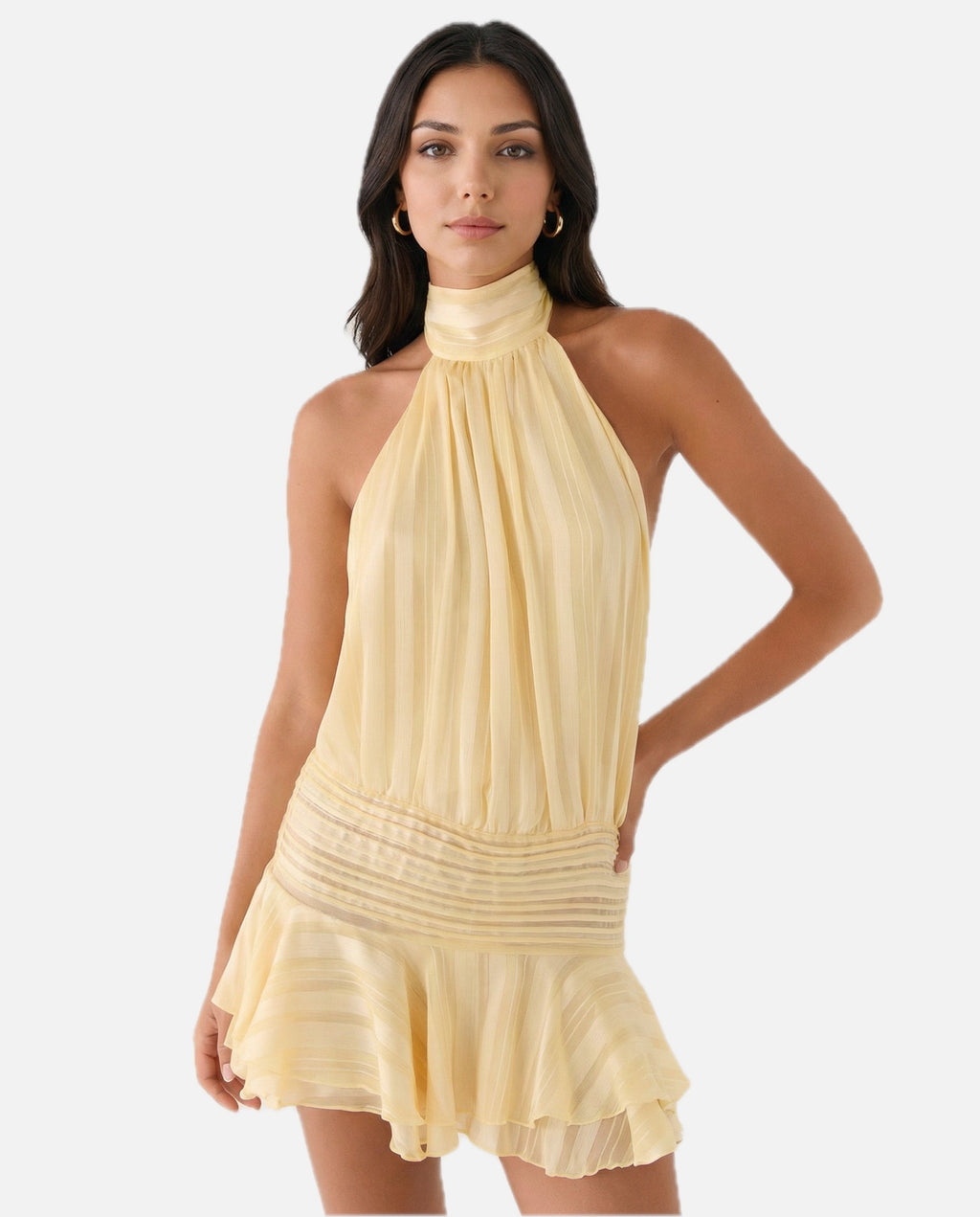 Women's Halter Neck Playsuit with Pleated Ruffle Overlay
