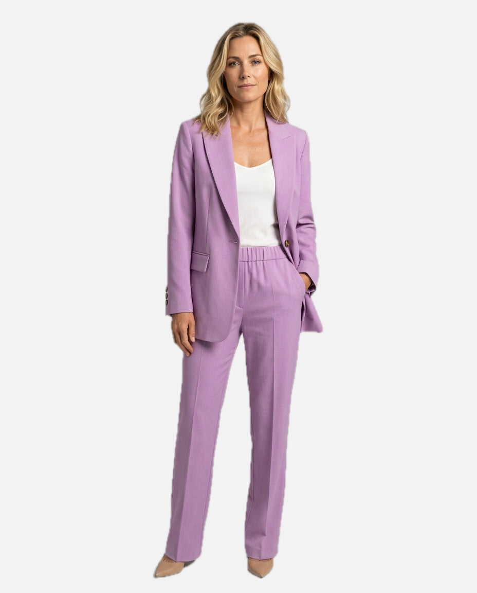 Women's Blazer Set with Straight-Leg Trousers, Tailored Lapel Collar