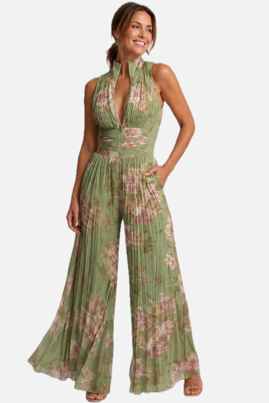 Women's Pleated Jumpsuit Sleeveless with Plunge Neckline and Wide Leg