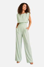 Women's Sleeveless Wide Leg Jumpsuit with Draped Bodice and Pleated Legs