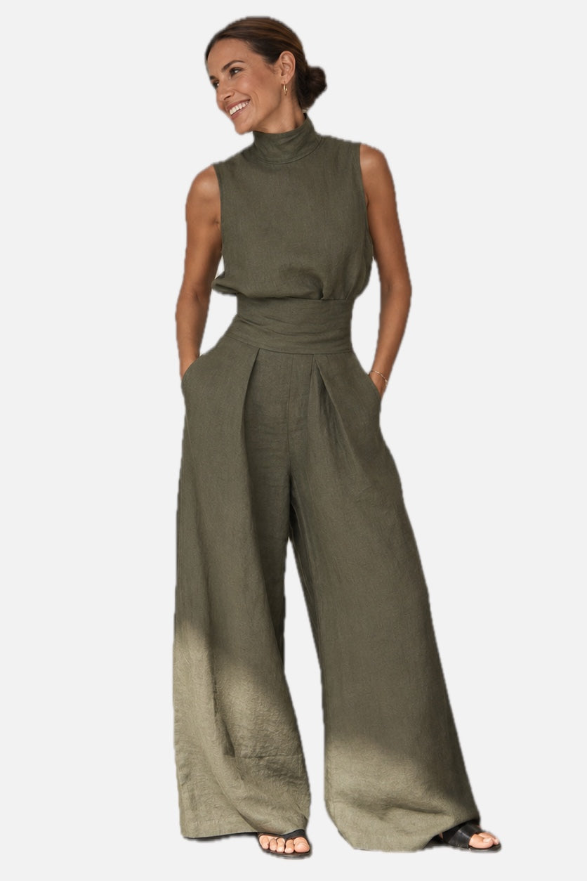 Women's Sleeveless Wide Leg Jumpsuit with High Neck and Wrap Belt