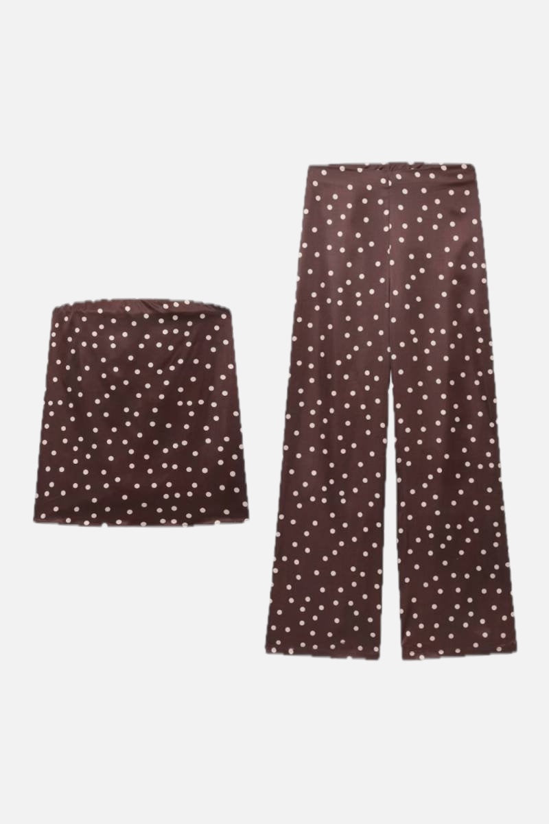 Women's Co-ord Set Strapless Top and Wide Leg Trousers with Polka Dot Print
