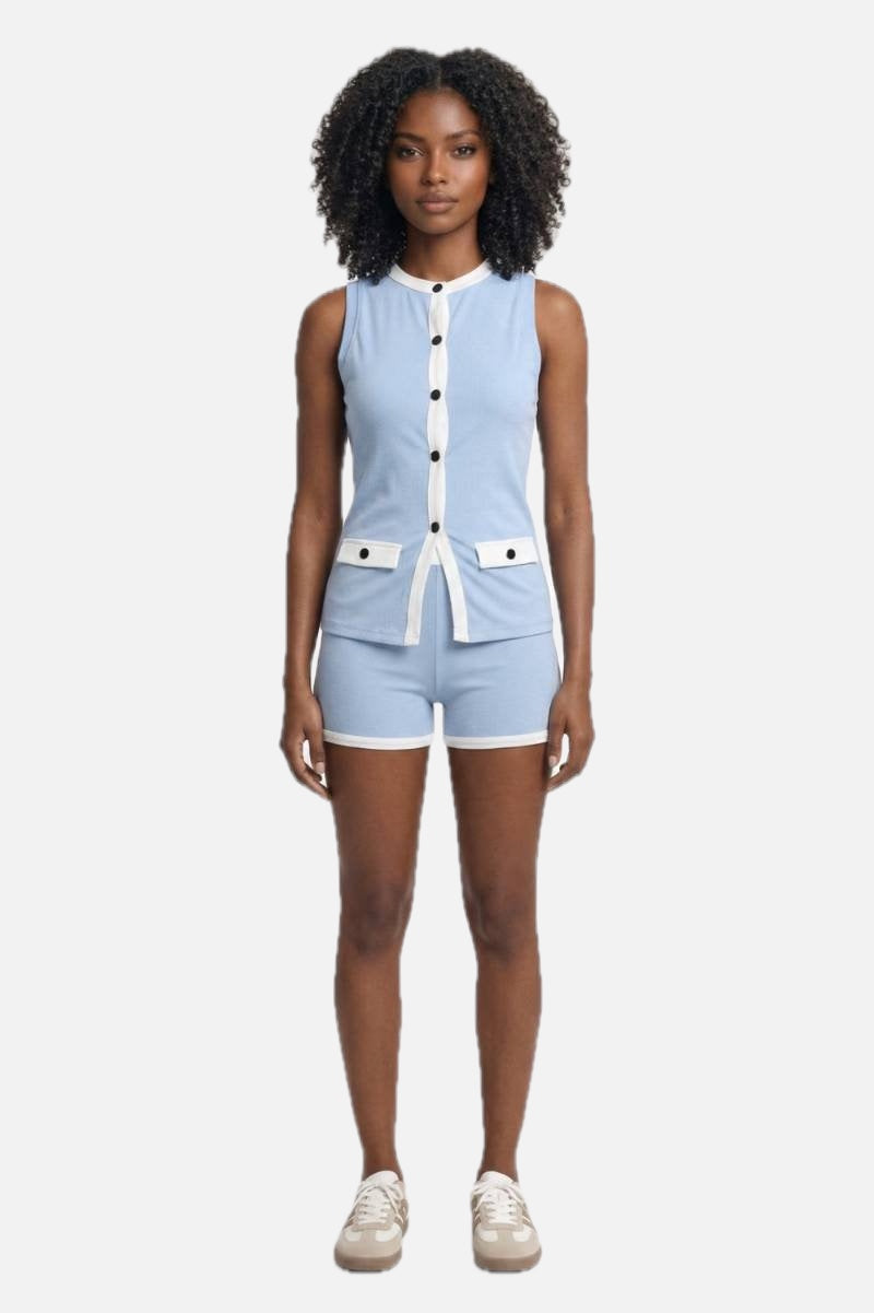 Women's Sleeveless Button Vest and Shorts Set with Contrast Trim