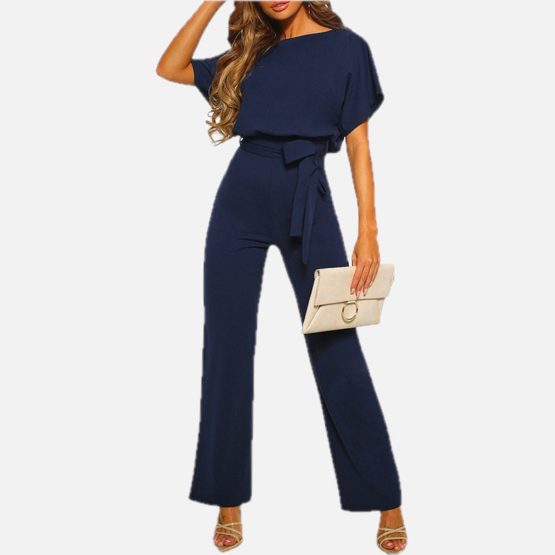 Women's Wide Leg Jumpsuit with Tie Belt and Short Sleeves