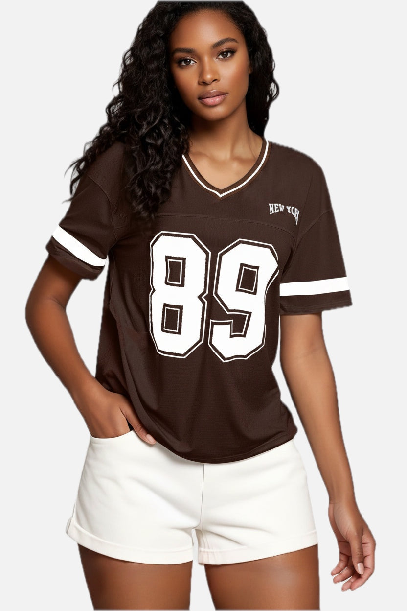 Women's Varsity T-Shirt with V-Neck and Contrast Stripe Sleeves - 1