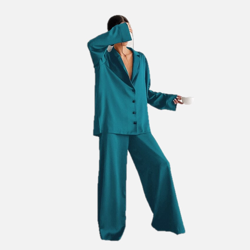 Satin Pyjama Set with Revere Collar and Wide Leg Trousers