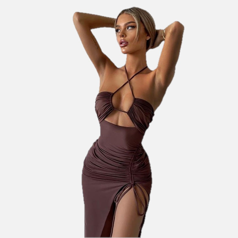 Women's Halterneck Maxi Dress with Cut-Out and Adjustable Split