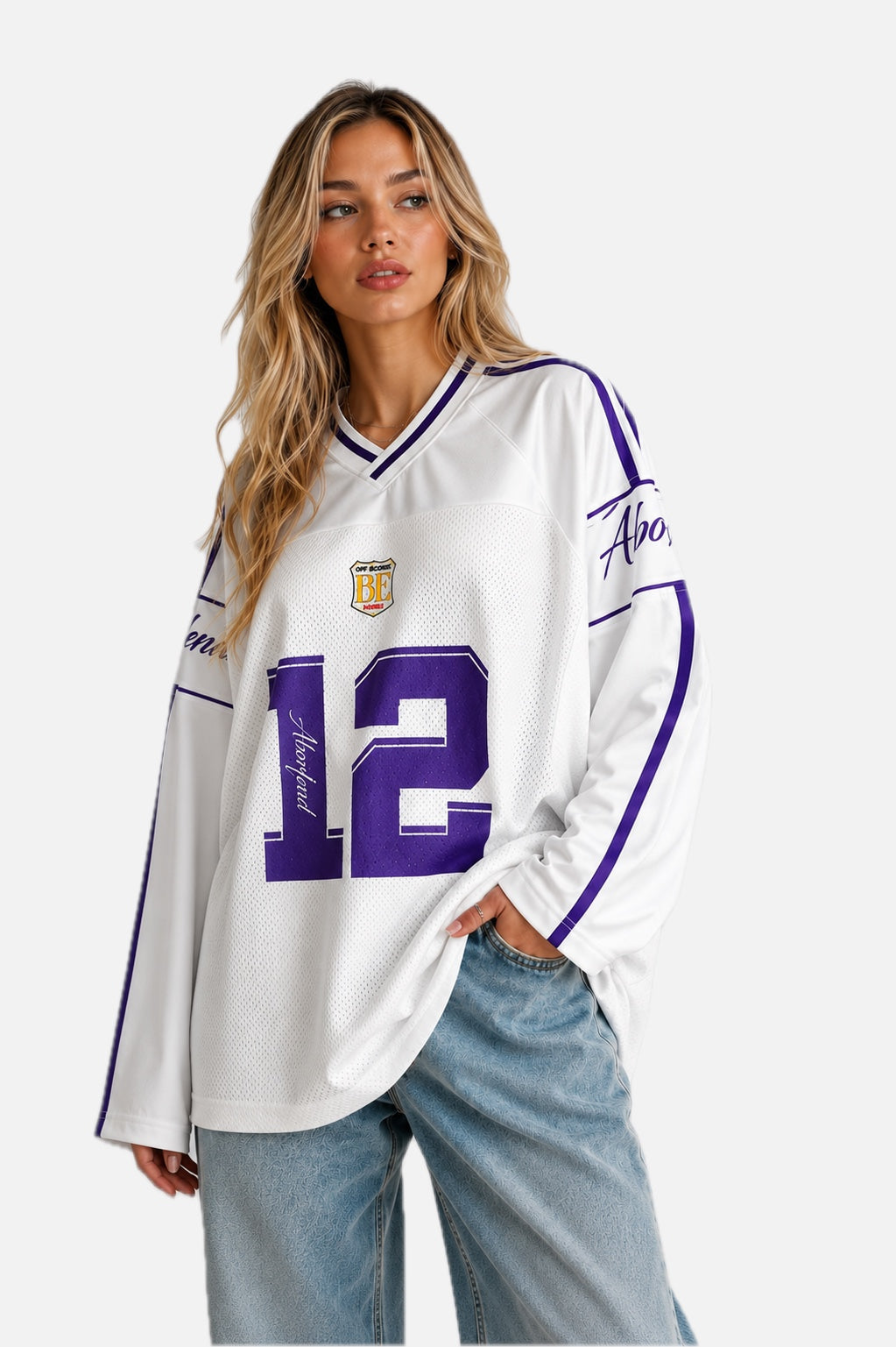 Women's Long Sleeve Varsity Jersey Top with V-Neck and Contrast Stripes