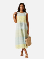 Women's Sleeveless Midi Dress with Round Neck and Tiered Skirt - 1