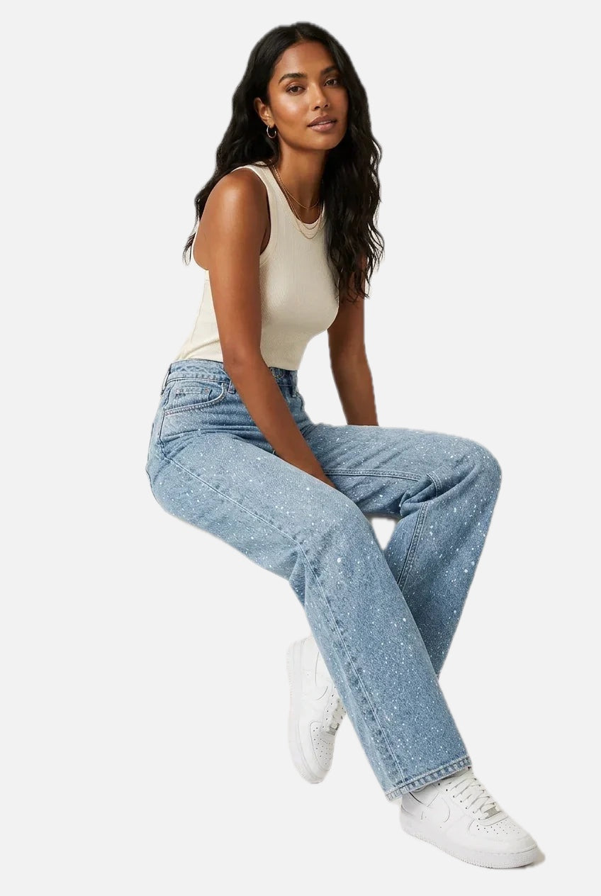 Women's High Waist Straight Leg Jeans with Glitter Detail