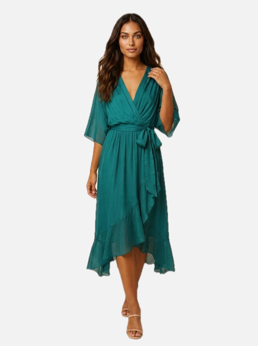 Women's Wrap Midi Dress with Kimono Sleeves and Tie Belt