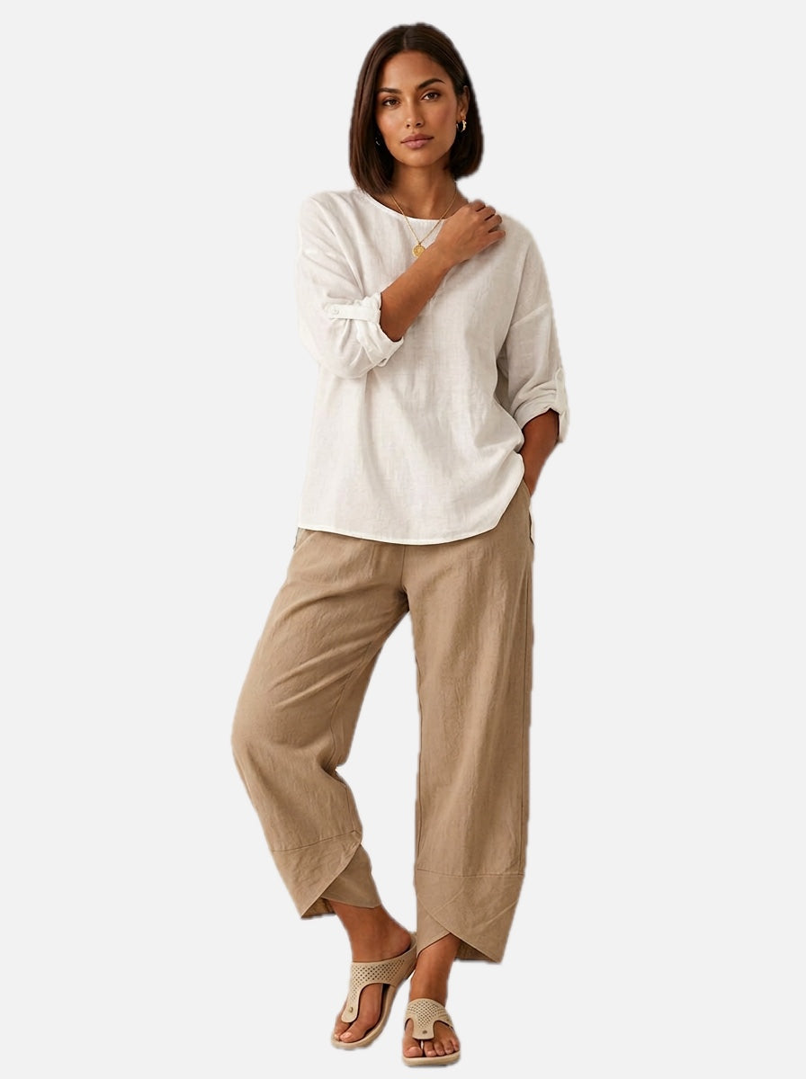 Women's Barrel Leg Trousers Cropped with Tulip Hem and Elastic Waist
