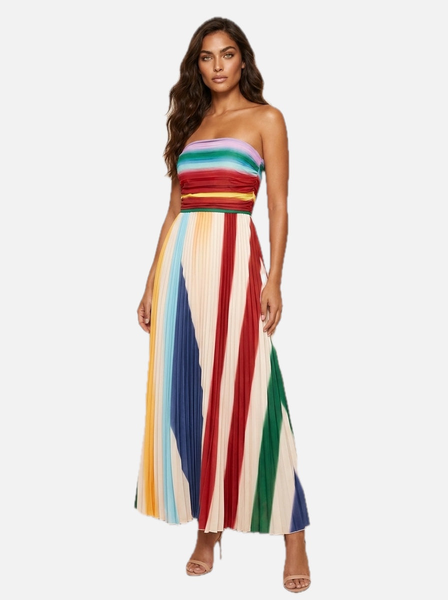 Women's Strapless Maxi Dress with Pleated Skirt and Ruched Bodice