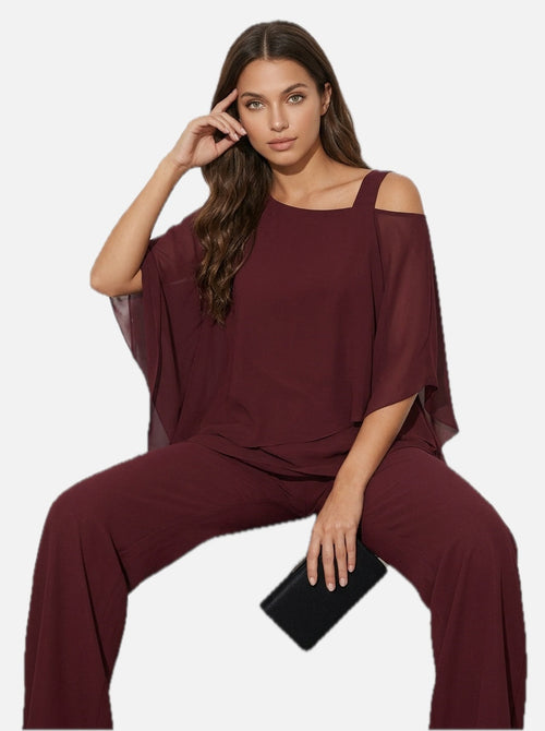 Women's Cape Overlay Top and Wide Leg Trousers Set - 1