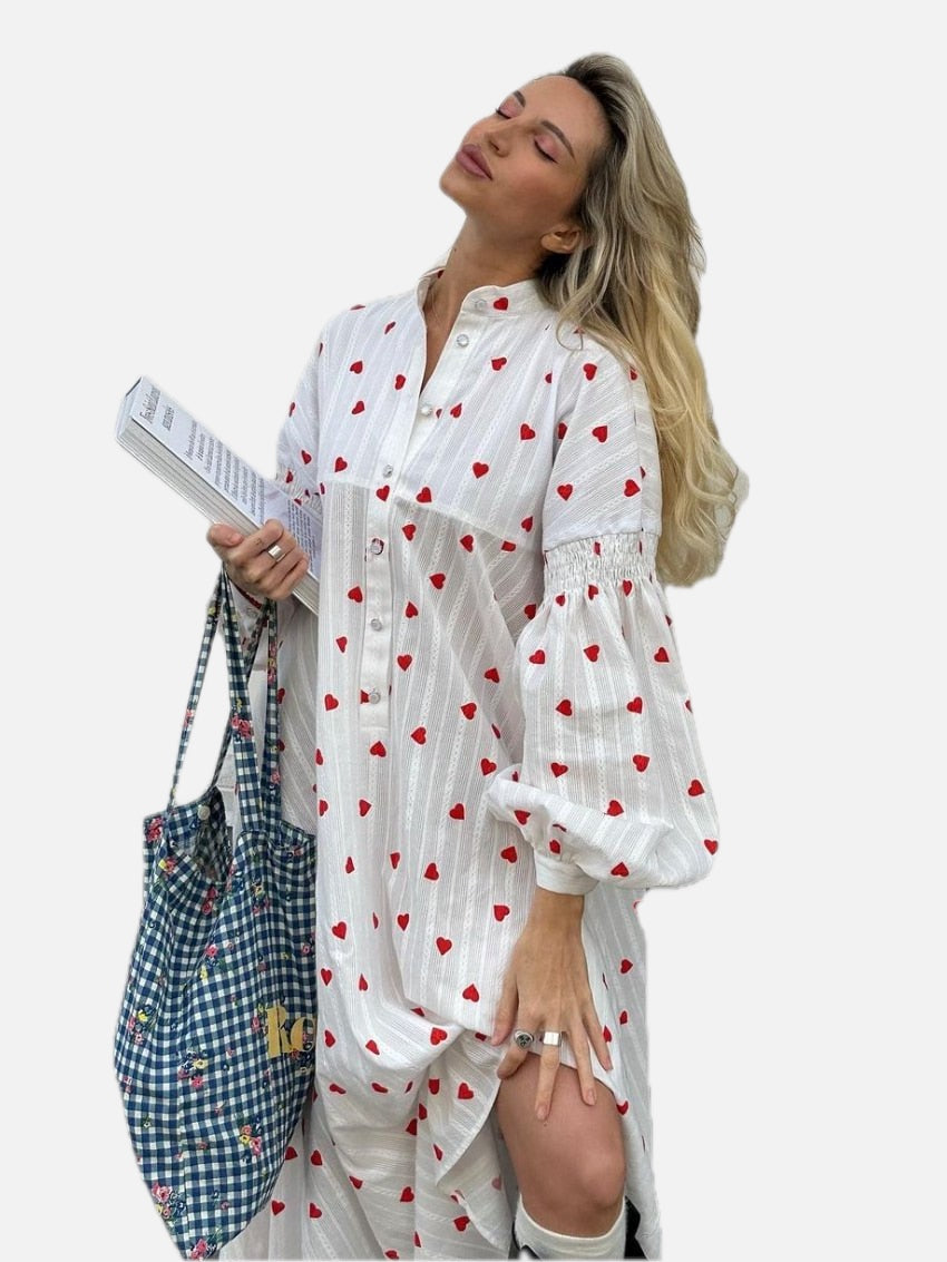 Women's A-Line Midi Dress with Long Balloon Sleeves and Button Front