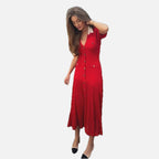 Women's Knitted Midi Dress Button-Front with V-Neck and A-Line Skirt