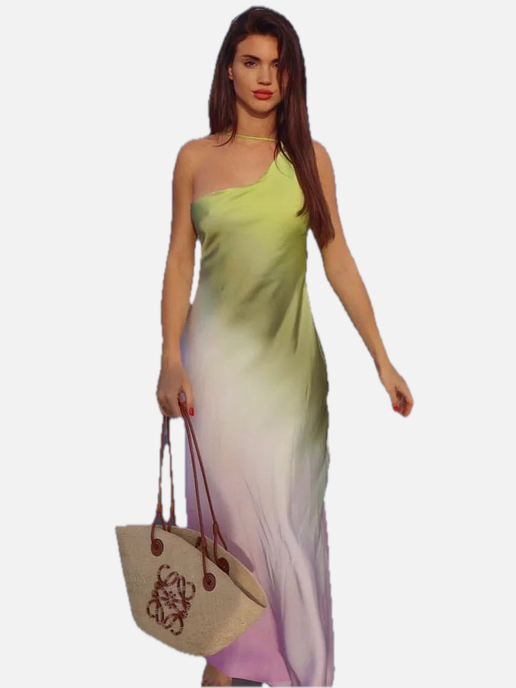 Women's One-Shoulder Ombre Maxi Dress with Asymmetric Neckline