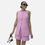 Women's Sleeveless Button-Up Vest Top with Round Neck