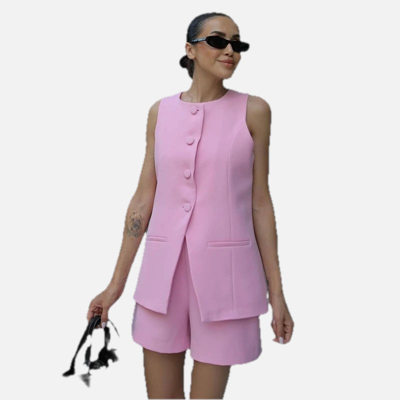 Women's Sleeveless Button-Up Vest Top with Round Neck