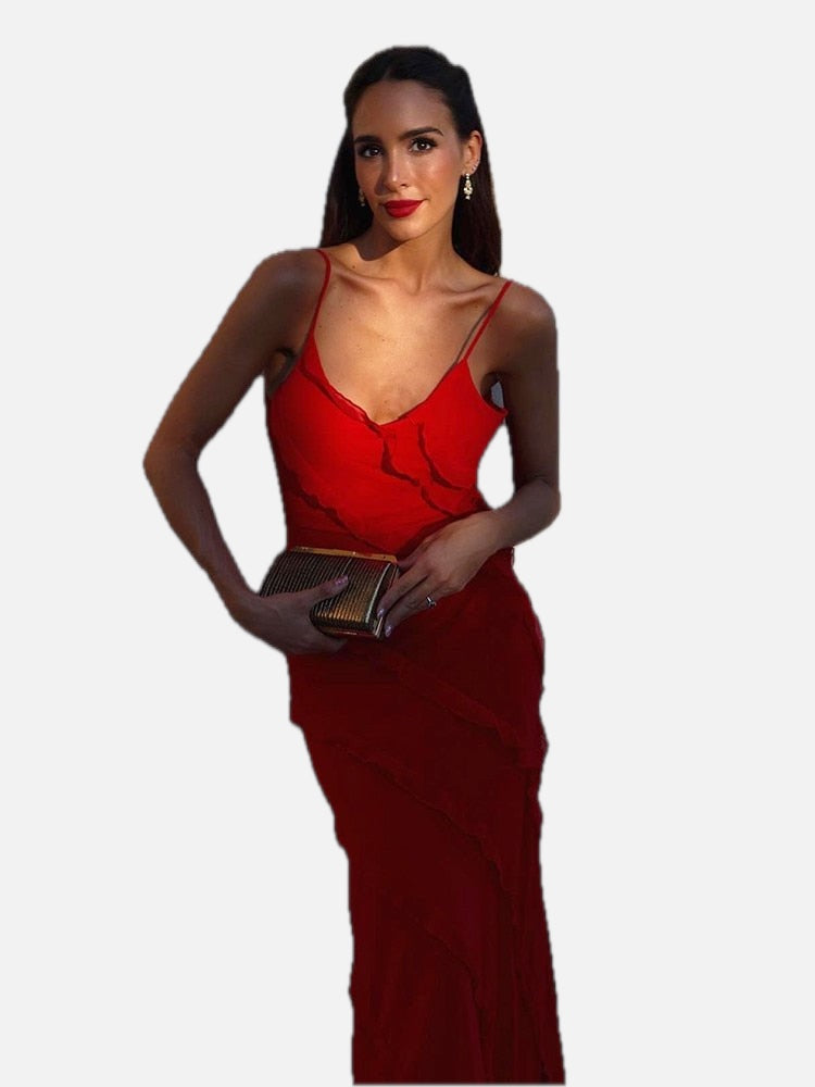 Women's Ruffle Maxi Dress Sleeveless with V-neck and Slim Fit