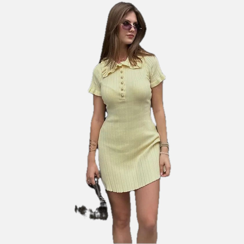 Women's Ribbed Mini Dress with Ruffle Collar and Short Sleeves