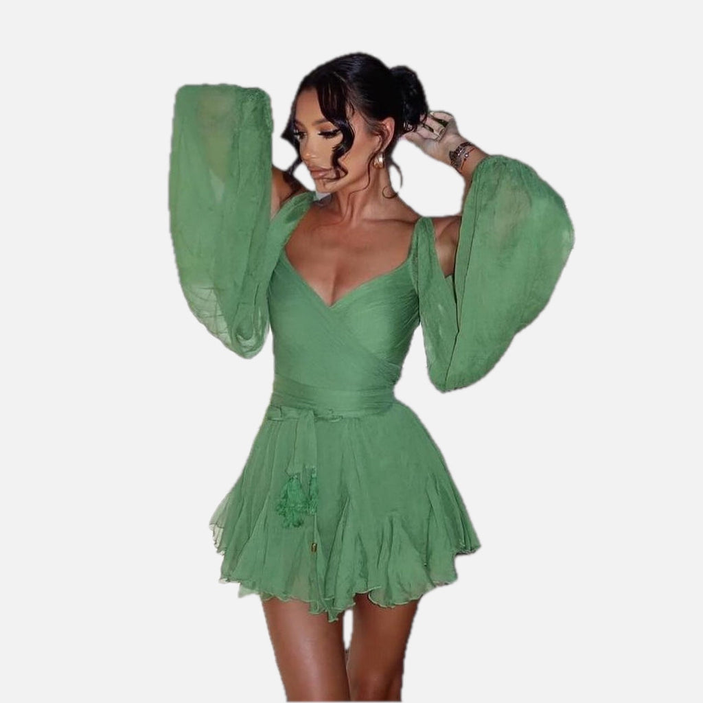 Women's Mini Dress V-Neck with Puff Sleeves and A-Line Skirt