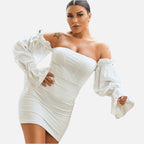 Women's Off-Shoulder Dress with Puff Sleeves and Bodycon Fit