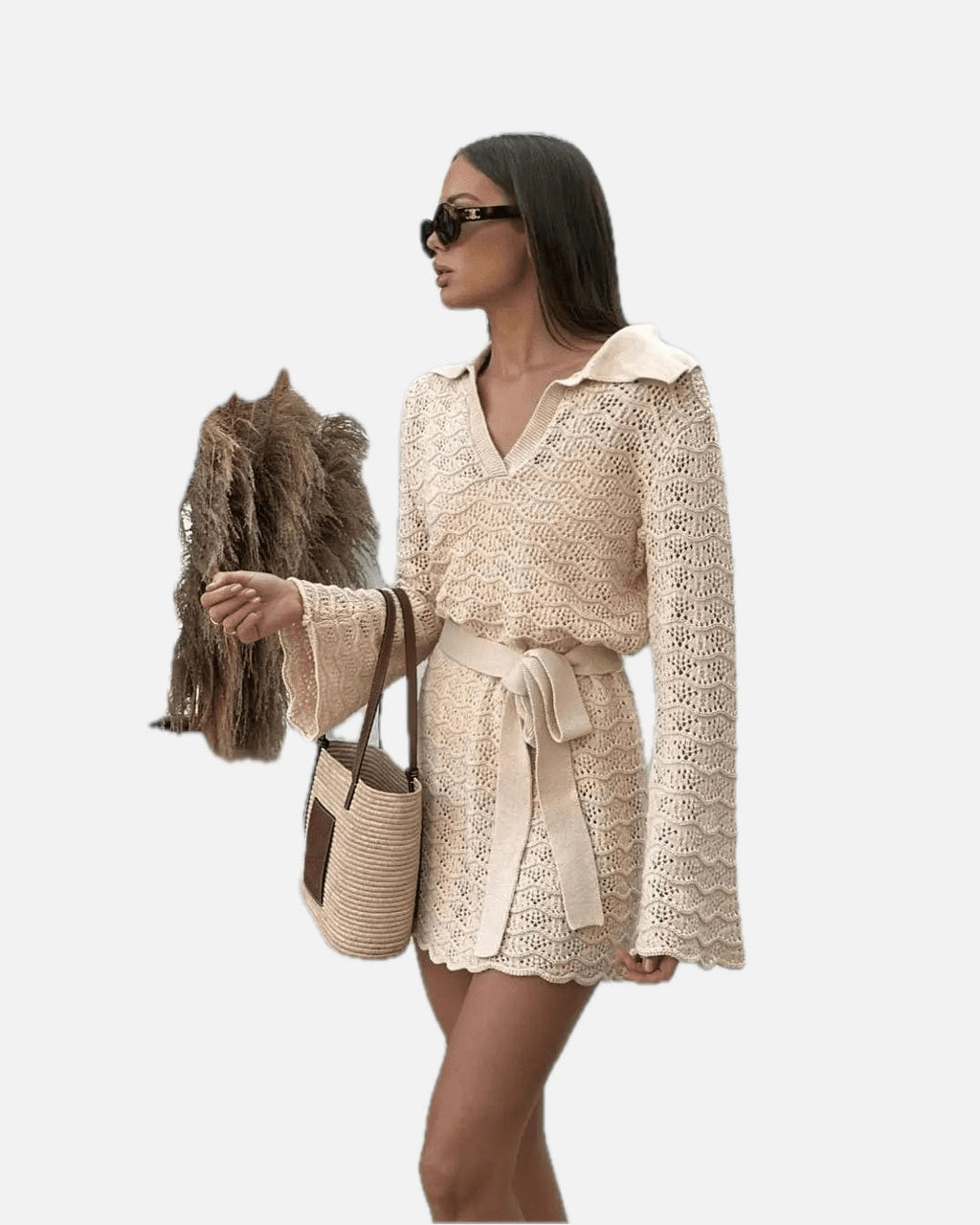 Women's Crochet Dress with V-Neck and Belted Waist