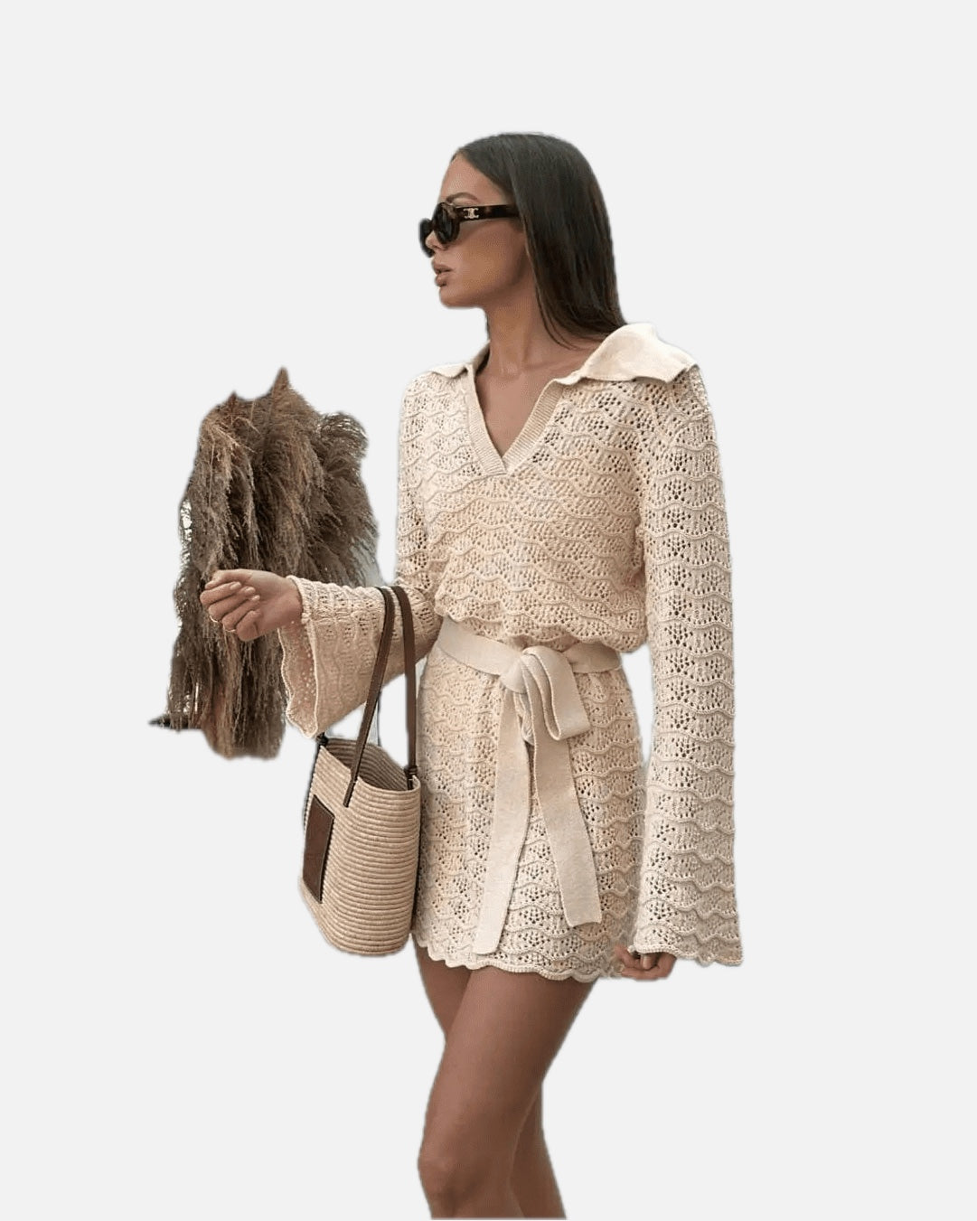 Women's Crochet Dress with V-Neck and Belted Waist