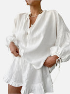 Women's Long Sleeve Blouse and Ruffle Shorts Set