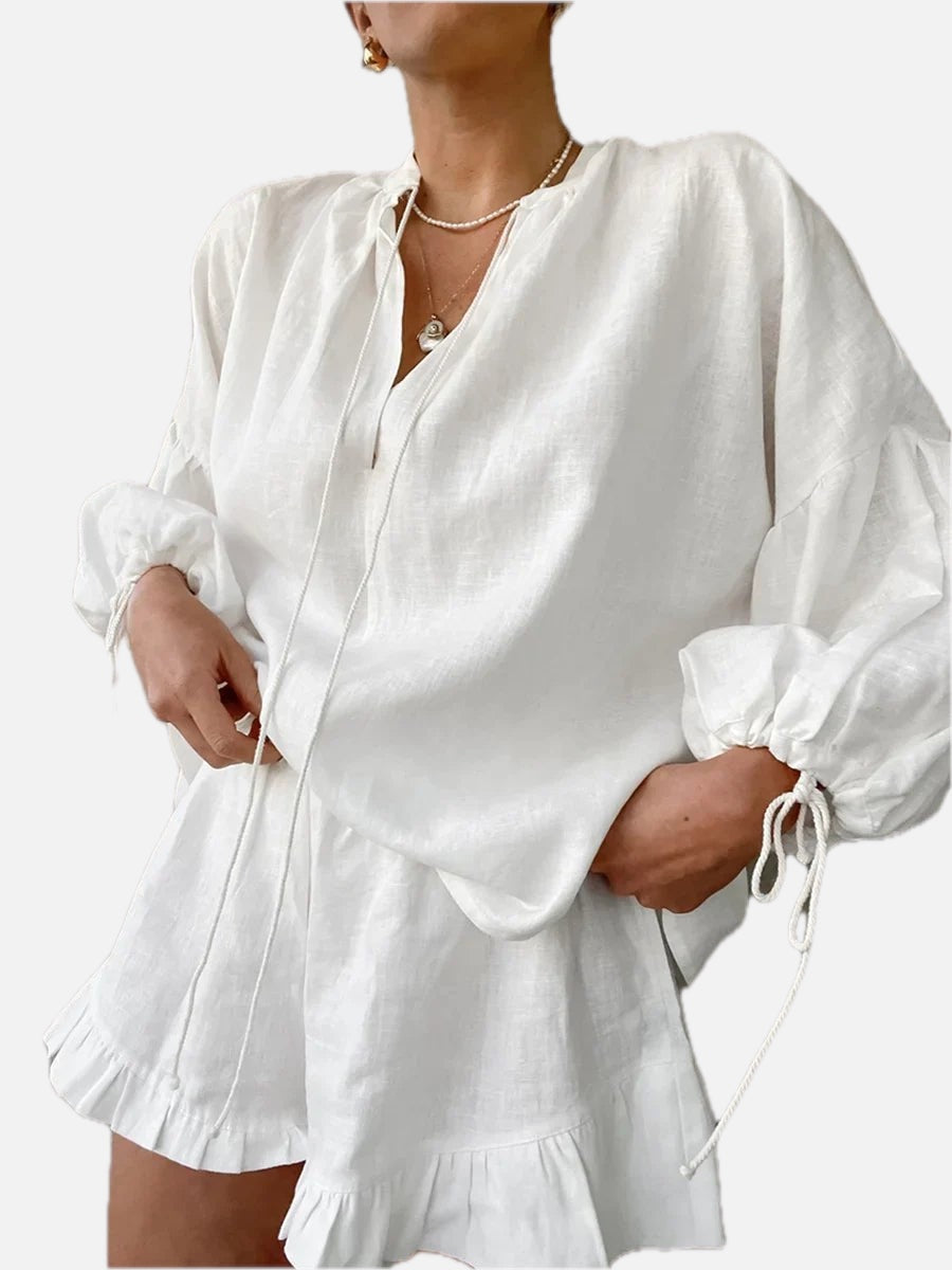 Women's Long Sleeve Blouse and Ruffle Shorts Set