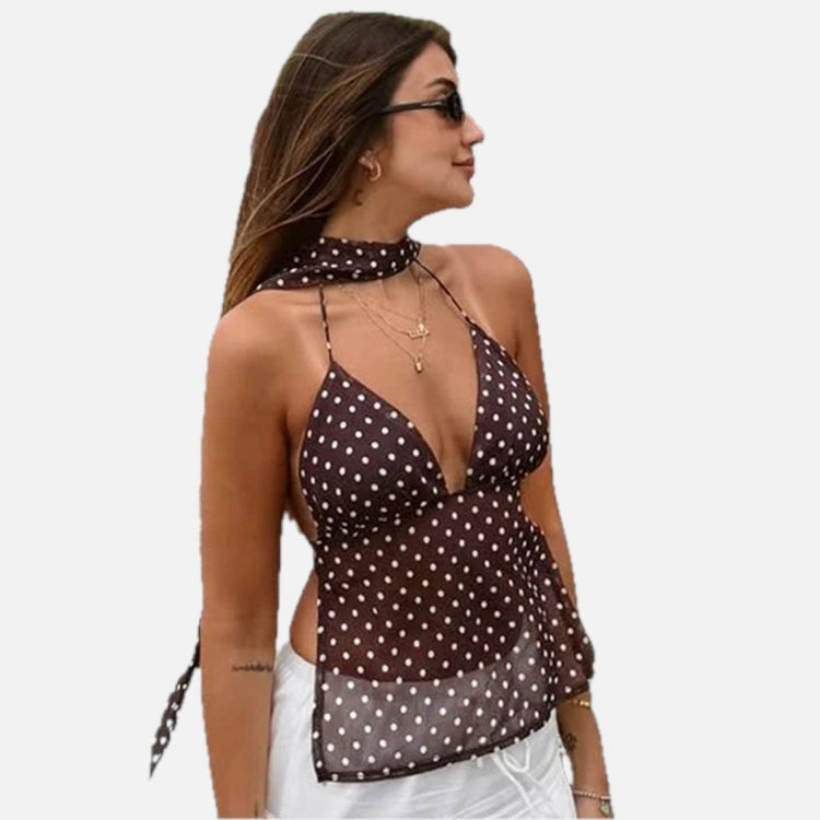 Women's Cami Top Backless with Polka Dot Print and Halter Neck - 1