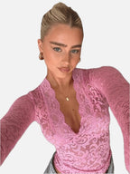 Women's Lace Top with V-Neck and Long Sleeves