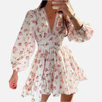 Women's Floral Mini Dress with V-Neck and Long Sleeves
