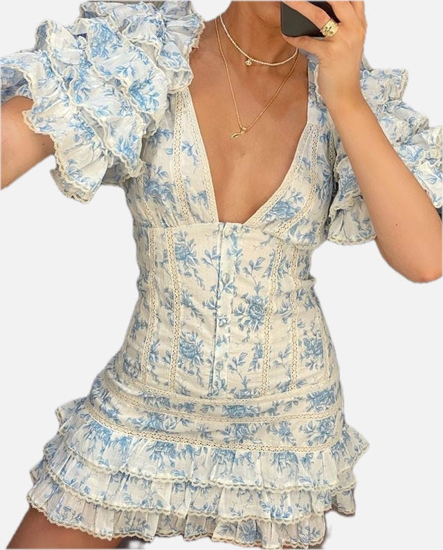 Women's Mini Dress with Ruffle Sleeves and V-Neck - 1