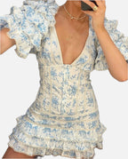 Women's Mini Dress with Ruffle Sleeves and V-Neck - 1