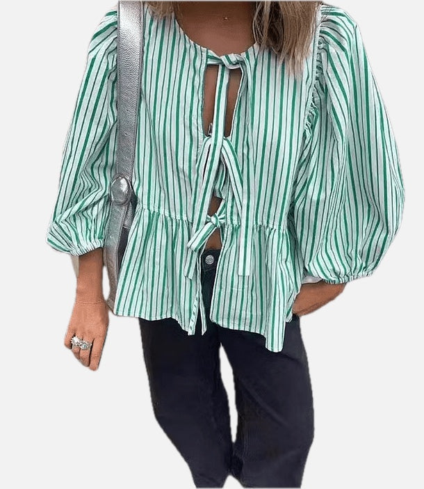 Women's Striped Blouse with Puff Sleeves and Tie Front