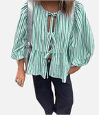 Women's Striped Blouse with Puff Sleeves and Tie Front