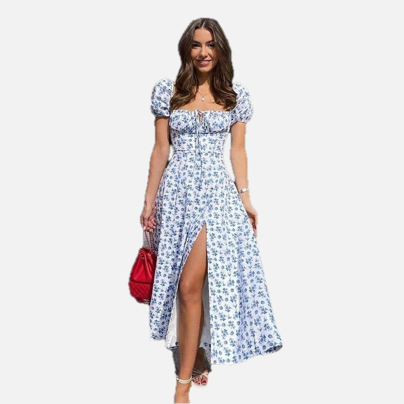 Women's Floral Midi Dress with Puff Sleeves and Front Slit - 1