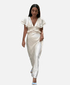 Women's Midi Dress with Ruffle Sleeves and V-Neck
