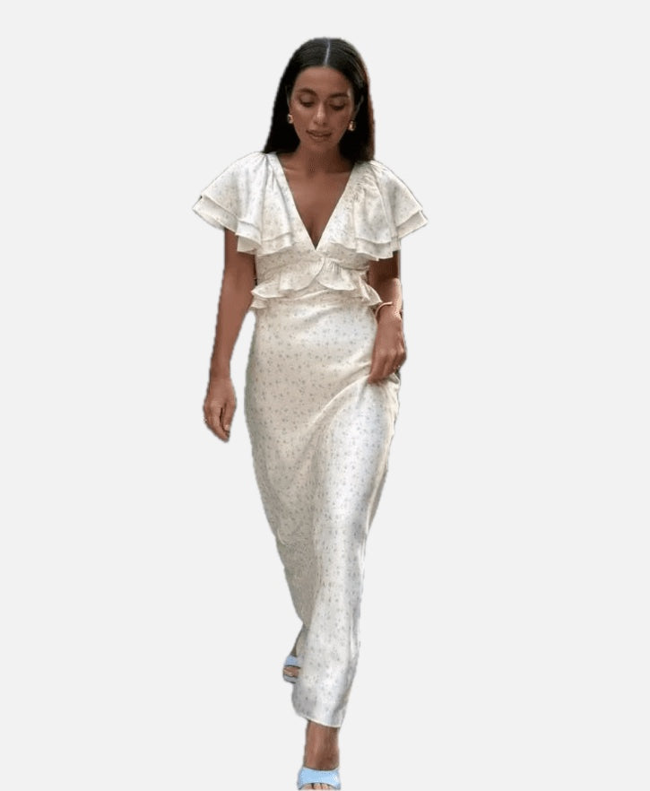 Women's Midi Dress with Ruffle Sleeves and V-Neck