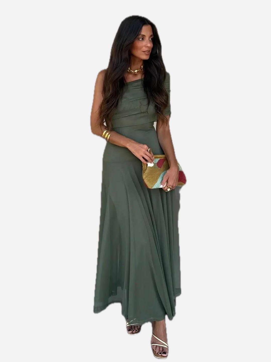 Women's Off-Shoulder Maxi Dress with Ruched Bodice and A-Line Skirt - 1