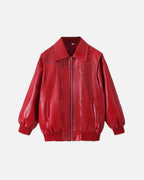 Women's Oversized Faux Leather Bomber Jacket with Zip Front