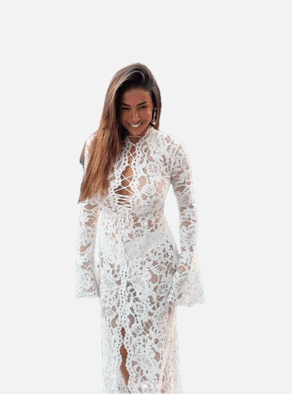 Women's Lace Dress with Tie Front and High Split