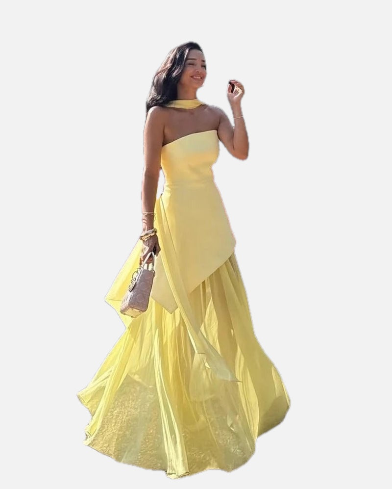 Women's Asymmetric Maxi Dress with Sheer Overlay and Halter Neck - 1