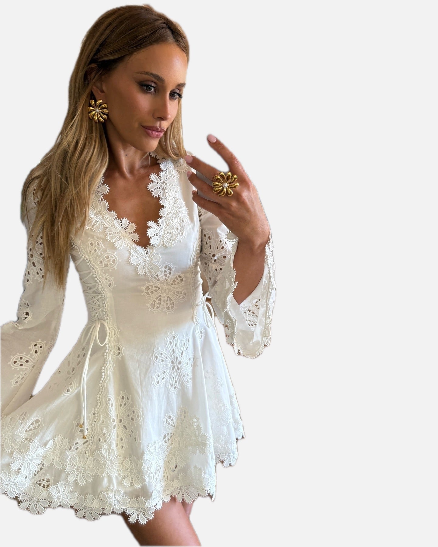Women's Lace Mini Dress with Side-Tie Adjustable Waist and V-Neck